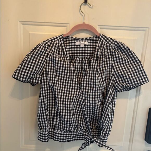 Madewell Black and White Checked Wrap Top with Side Tie Details size S - Picture 3 of 5